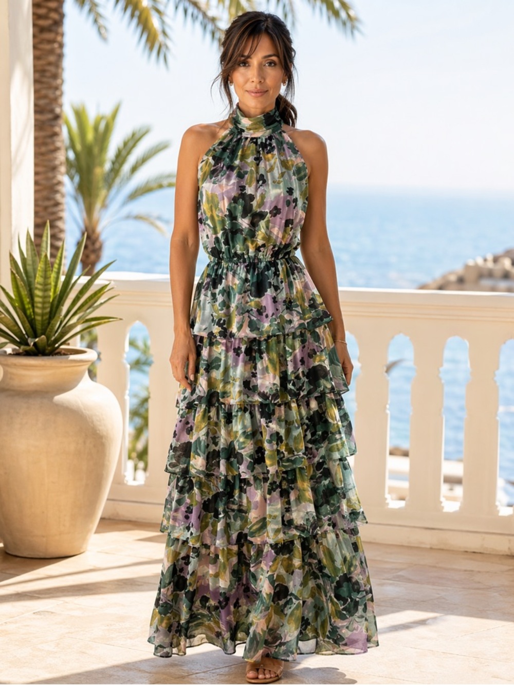 Socialite Romantic Shimmer Floral Tiered Halter Maxi Dress